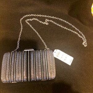 NWT NATHALIE Silver, Black & crystal Clutch Bag. Detachable silver chain strap